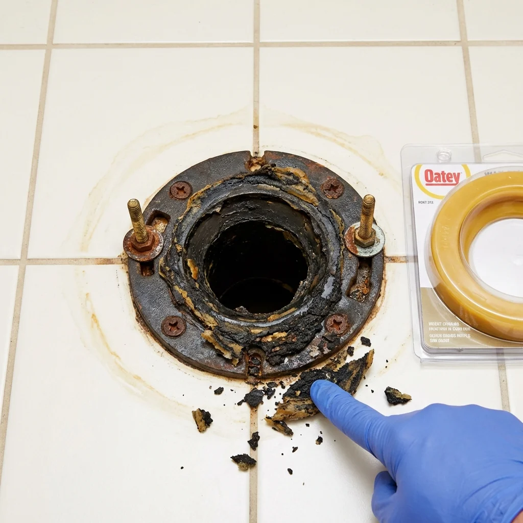 Failed wax ring showing water seepage at the base of a toilet in a Lathrop, MO home